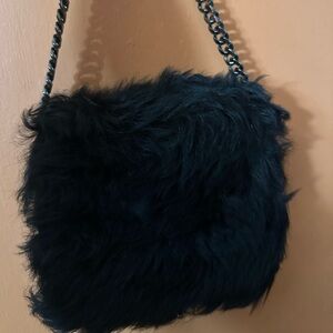 Vivienne Westwood faux fur/patent leather shoulder bag with silver chain detail